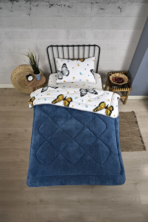 ETE HOMETEX TEK KİŞİLİK LÜX WELSOFT YORGAN SETİ KELEBEK İNDİGO 155X215CM 8696474231930