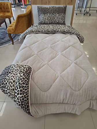 ETE HOMETEX TEK KİŞİLİK LÜX WELSOFT YORGAN SETİ LEOPAR BEJ 155X215CM 8696474231961