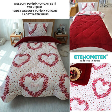 ETE HOMETEX TEK KİŞİLİK LÜX WELSOFT YORGAN SETİ LOVE BORDO 155X215CM 8696474231966