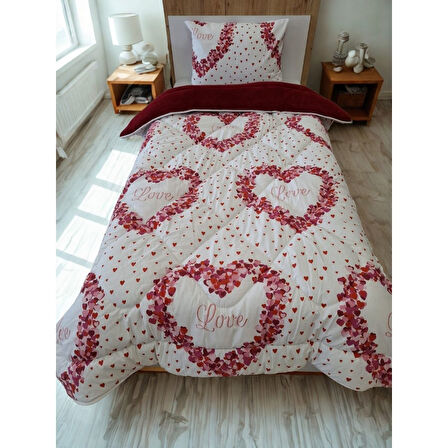 ETE HOMETEX TEK KİŞİLİK LÜX WELSOFT YORGAN SETİ LOVE BORDO 155X215CM 8696474231966