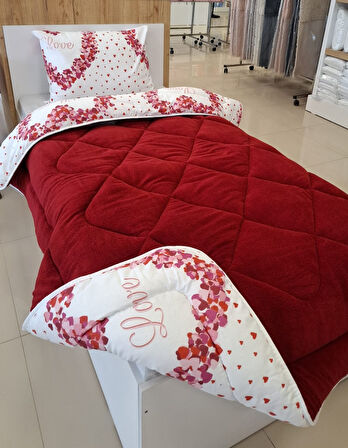 ETE HOMETEX TEK KİŞİLİK LÜX WELSOFT YORGAN SETİ LOVE BORDO 155X215CM 8696474231966