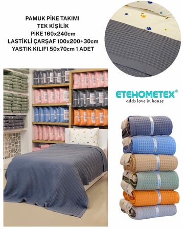 ETEHOMETEX HAVUZLU PİKE TAKIMI %100 PAMUK TEK KİŞİLİK ANTRASİT 8696474232084