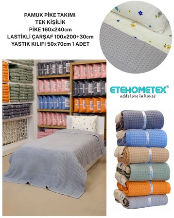 ETEHOMETEX HAVUZLU PİKE TAKIMI %100 PAMUK TEK KİŞİLİK GRİ 8696474232086