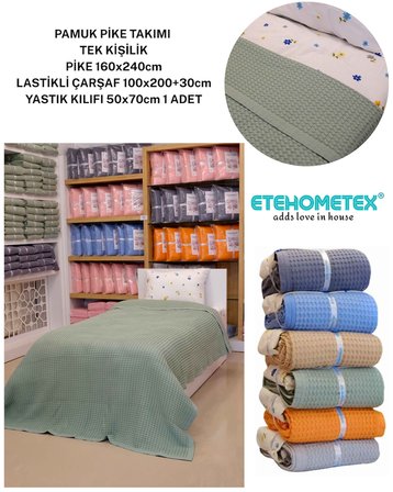 ETEHOMETEX HAVUZLU PİKE TAKIMI %100 PAMUK TEK KİŞİLİK YEŞİL 8696474232089