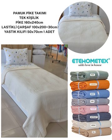 ETEHOMETEX HAVUZLU PİKE TAKIMI %100 PAMUK TEK KİŞİLİK KREM 8696474232109