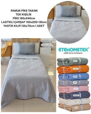 ETEHOMETEX HAVUZLU PİKE TAKIMI %100 PAMUK TEK KİŞİLİK GRİ 8696474232110