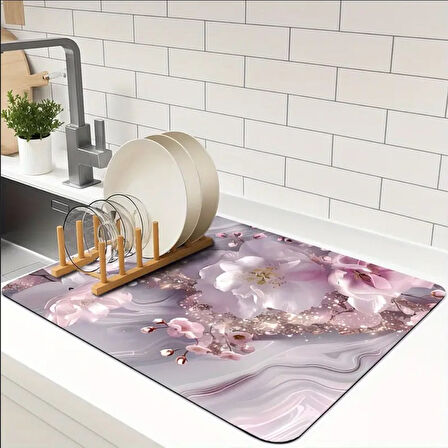 55 CM x 45 CM PEMBE BEYAZ ÇİÇEK DESENLİ TEZGAH ÜSTÜ BULAŞIK KURUTMA MATI BULAŞIKLIK KURUTMA ÖRTÜSÜ