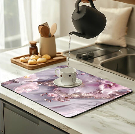 55 CM x 45 CM PEMBE BEYAZ ÇİÇEK DESENLİ TEZGAH ÜSTÜ BULAŞIK KURUTMA MATI BULAŞIKLIK KURUTMA ÖRTÜSÜ