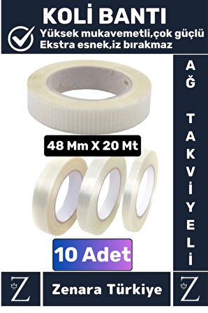 Premium Yüksek Mukavemetli İz Bırakmaz İp Ağ Takviyeli Çok Güçlü Lifli Kopmaz Koli Bandı 20Mt X 10Ad