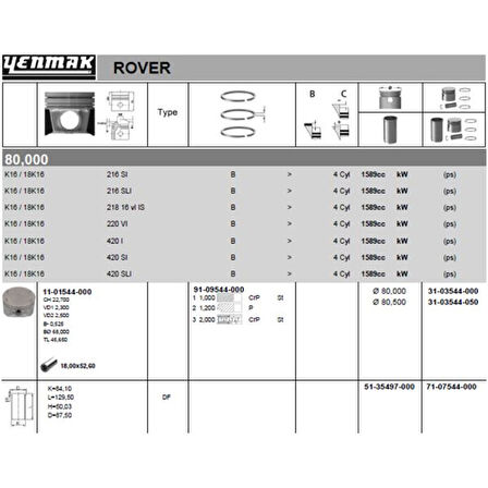 Land Rover Piston + Segman 80 MM 18 K4f Freelander I (l314) 1.8 16v 98>06 - Yenmak 31-03544-000