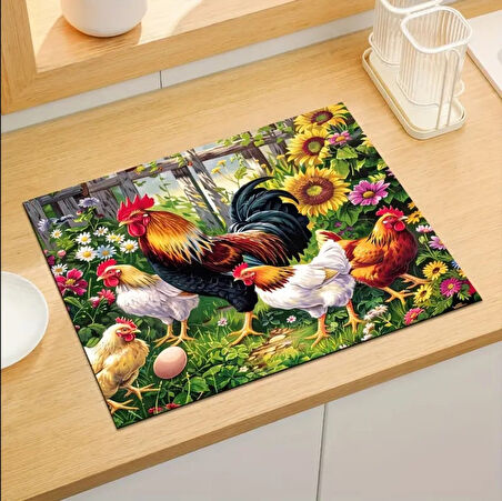 55 CM x 45 CM HOROZ VE TAVUK TASARIMI TEZGAH ÜSTÜ BULAŞIK KURUTMA MATI BULAŞIKLIK KURUTMA ÖRTÜSÜ