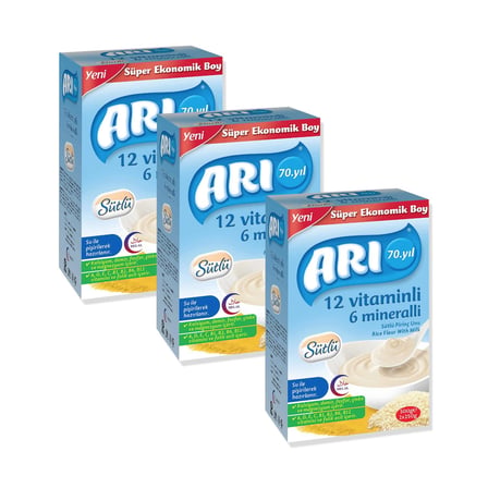 Arı Mama 12 Vitaminli 6 Mineralli Sütlü Pirinç Unu Kaşık Maması 500 gr x 3 Adet