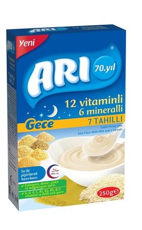 Arı Mama 7 Tahıllı Gece-Sütlü-Ballı İrmikli Kahvaltı- Sütlü Muzlu Pirinç Unu Kaşık Mama 4 x 250 g