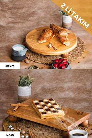 Justwood 2 Li Risus Top Ayaklı 29 Cm Ve 17x30 Cm Ahşap Dikdörtgen Pasta Sunum Servis Tabağı Seti