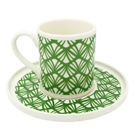 Yeşil Yaprak Desenli 6 Kişilik Porselen Kahve Fincan Takımı