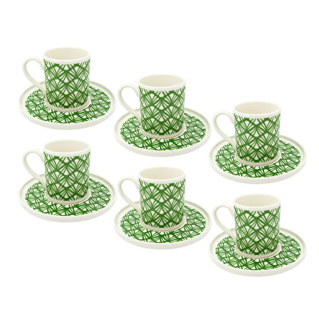 Yeşil Yaprak Desenli 6 Kişilik Porselen Kahve Fincan Takımı