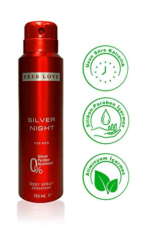 Free Love Silver Pudrasız Leke Yapmayan Erkek Sprey Deodorant 150 ml