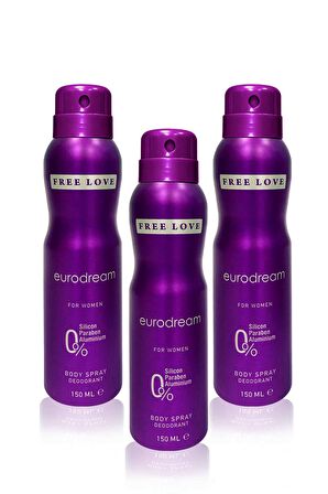 Free Love Eurodream Antiperspirant Ter Önleyici Leke Yapmayan Kadın Sprey Deodorant 150 ml x 3