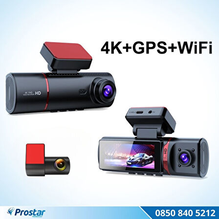 4K Ultra HD 3 Kameralı Ön, iç ve Arka Wifi GPS G-Sensör Park Modu Dashcam Kamera