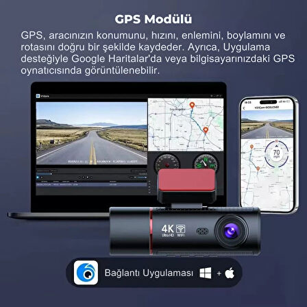 4K Ultra HD 3 Kameralı Ön, iç ve Arka Wifi GPS G-Sensör Park Modu Dashcam Kamera
