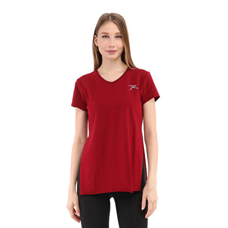 Raru Kadın %100 Pamuk V Yaka T-Shirt FRAGUM BORDO