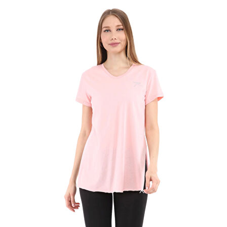 Raru Kadın %100 Pamuk V Yaka T-Shirt FRAGUM PEMBE