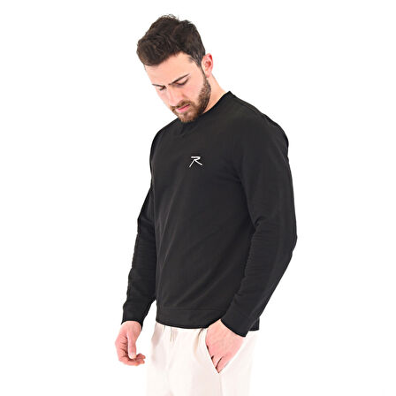 Raru Pamuklu Bisiklet Yaka Basic Sweatshirt PORTA SİYAH