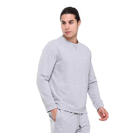 Raru Pamuklu Bisiklet Yaka Basic Sweatshirt PORTA GRİ MELANJ