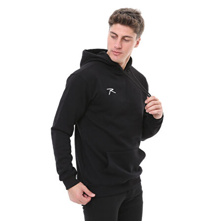 Raru Erkek Pamuklu Kapüşonlu Kalın Basic Sweatshirt LEPIDUS SİYAH