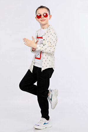 Mornio Erkek Çocuk 3'lü Takım Gemici Desenli Gömlek, Tişört ve Kot Pantolon MRN2433