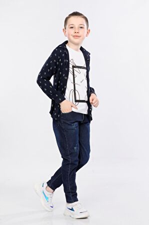 Mornio Erkek Çocuk 3'lü Takım Gemici Desenli Gömlek, Tişört ve Kot Pantolon MRN2433