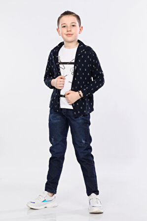 Mornio Erkek Çocuk 3'lü Takım Gemici Desenli Gömlek, Tişört ve Kot Pantolon MRN2433