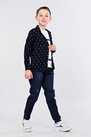 Mornio Erkek Çocuk 3'lü Takım Gemici Desenli Gömlek, Tişört ve Kot Pantolon MRN2433