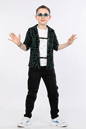 Mornio Erkek Çocuk 3'lü Takım  Desenli Gömlek, Tişört ve Kot Pantolon MRN2434