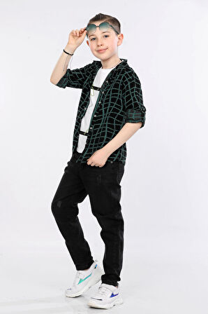 Mornio Erkek Çocuk 3'lü Takım  Desenli Gömlek, Tişört ve Kot Pantolon MRN2434