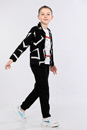 Mornio Erkek Çocuk 3'lü Takım  Desenli Gömlek, Tişört ve Kot Pantolon MRN2435