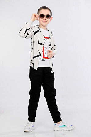 Mornio Erkek Çocuk 3'lü Takım  Desenli Gömlek, Tişört ve Kot Pantolon MRN2435