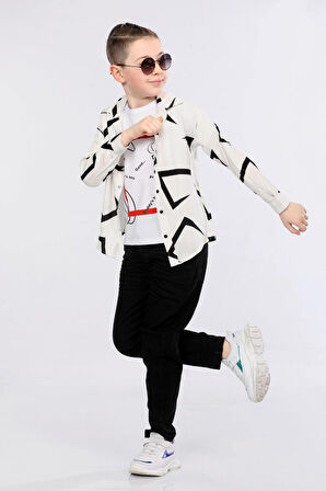 Mornio Erkek Çocuk 3'lü Takım  Desenli Gömlek, Tişört ve Kot Pantolon MRN2435