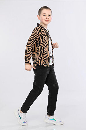 Mornio Erkek Çocuk 3'lü Takım  Desenli Gömlek, Tişört ve Kot Pantolon MRN2436