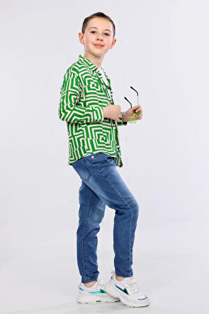 Mornio Erkek Çocuk 3'lü Takım  Desenli Gömlek, Tişört ve Kot Pantolon MRN2436