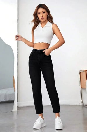 Mom Siyah Kadın Likralı Mom Jean Kot Pantolon-2