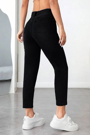 Mom Siyah Kadın Likralı Mom Jean Kot Pantolon-2