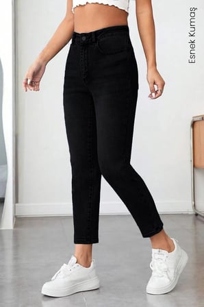 Mom Siyah Kadın Likralı Mom Jean Kot Pantolon-2