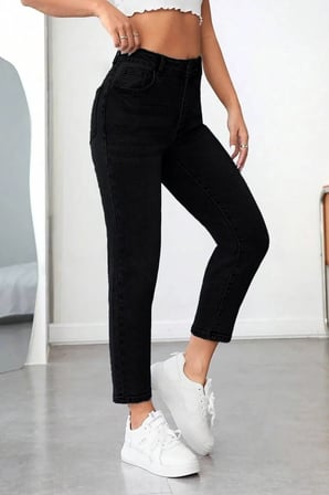 Mom Siyah Kadın Likralı Mom Jean Kot Pantolon-2