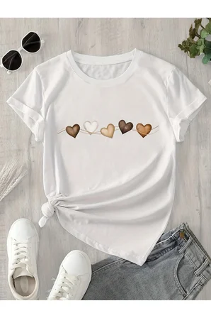 Unisex Sıralı Kalpler Baskılı Tasarım Tshirt