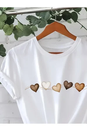Unisex Sıralı Kalpler Baskılı Tasarım Tshirt