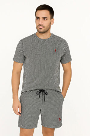 POLO ŞORTLU TAKIM ÇİZGİLİ GRİ