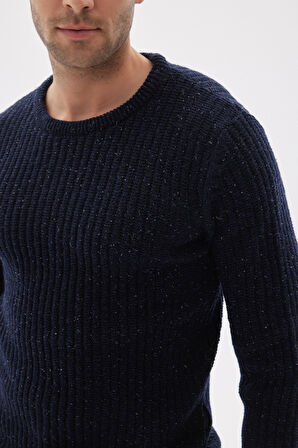 Regular Fit Bisiklet Yaka Selanik Örgü Yünlü Erkek Lacivert Triko Kazak