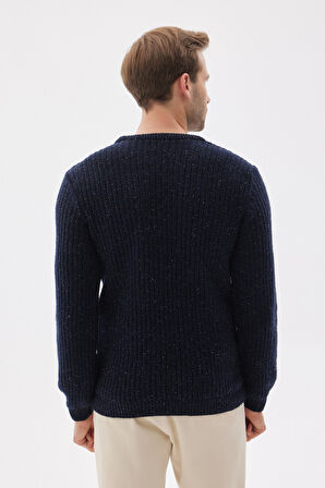 Regular Fit Bisiklet Yaka Selanik Örgü Yünlü Erkek Lacivert Triko Kazak