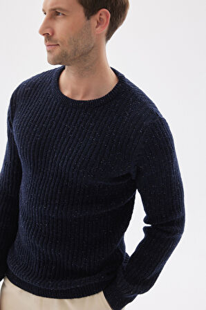 Regular Fit Bisiklet Yaka Selanik Örgü Yünlü Erkek Lacivert Triko Kazak